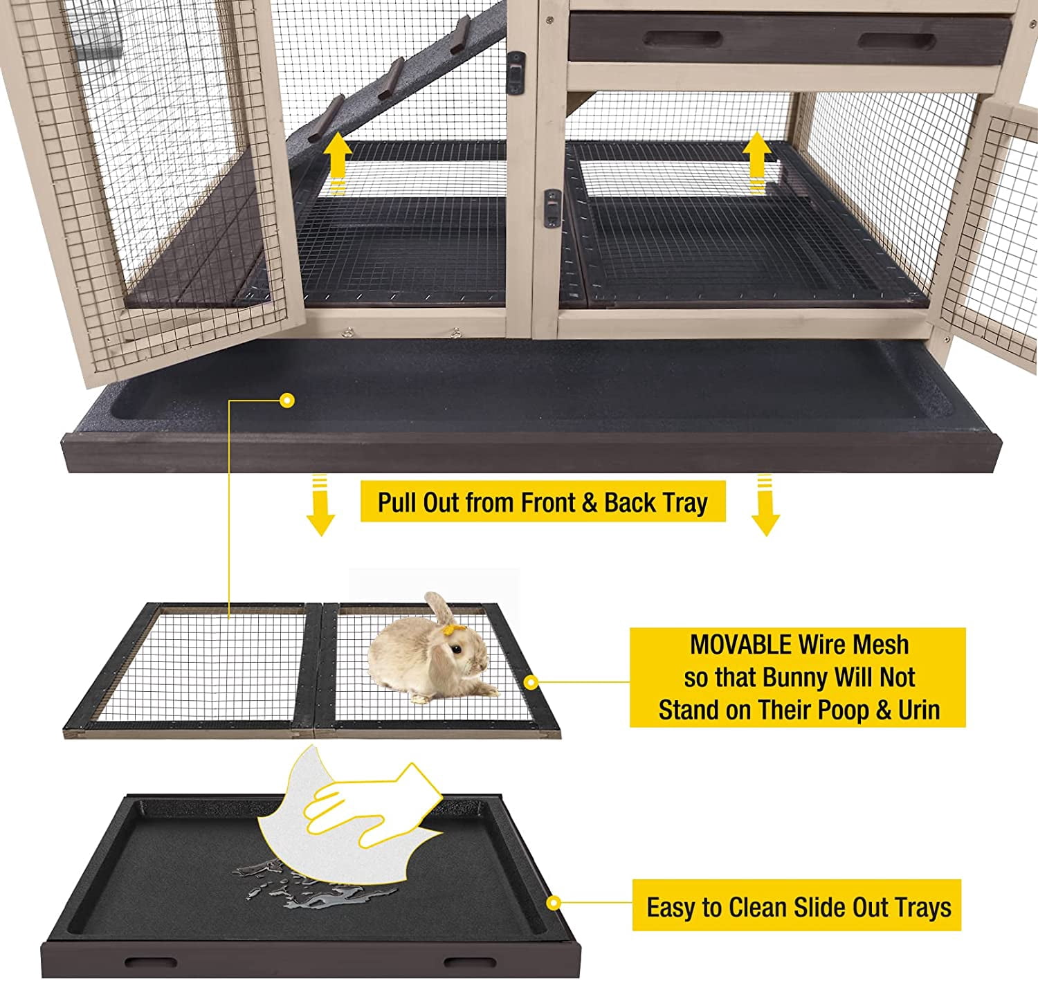 Upgrade Rabbit Cage Indoor Bunny Hutch with Run with Two Deeper No Leak Trays - 4 Casters Include for Outdoor (Coffee)