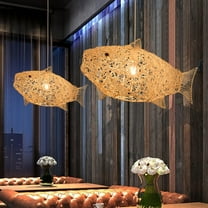 Lantern Chandelier Fish Shape Lantern Chandelier Rattan Light 24" Wicker Woven Rattan Ceiling Lighting with Adjustable Cords for Living Room Dining Beach Condo
