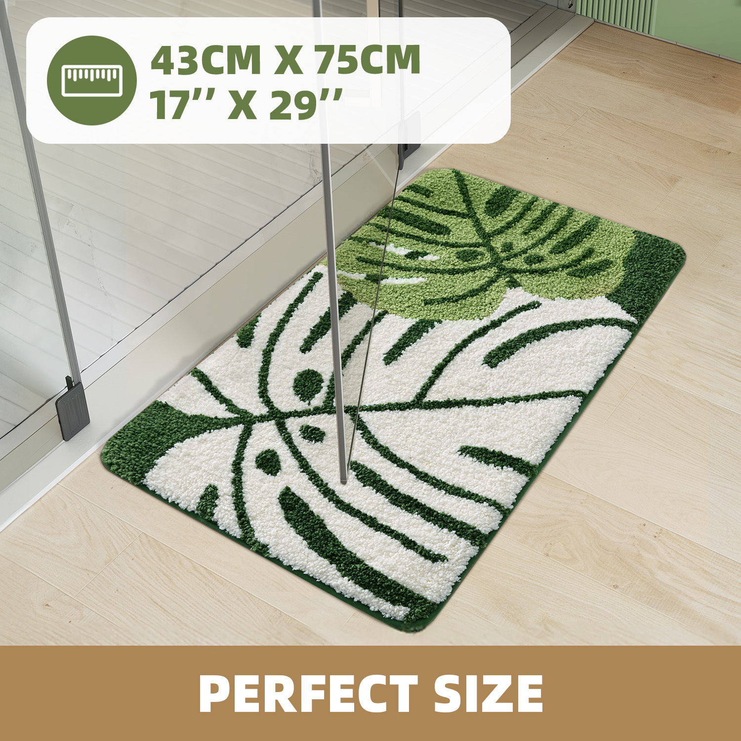 PABUBE Monstera Leaf Bathroom Rug, 17"x29", Cute Green Plush Bath Mat, Fluffy Soft & Absorbent, Non-Slip and Machine Washable Bath Rug for Bathroom Floor