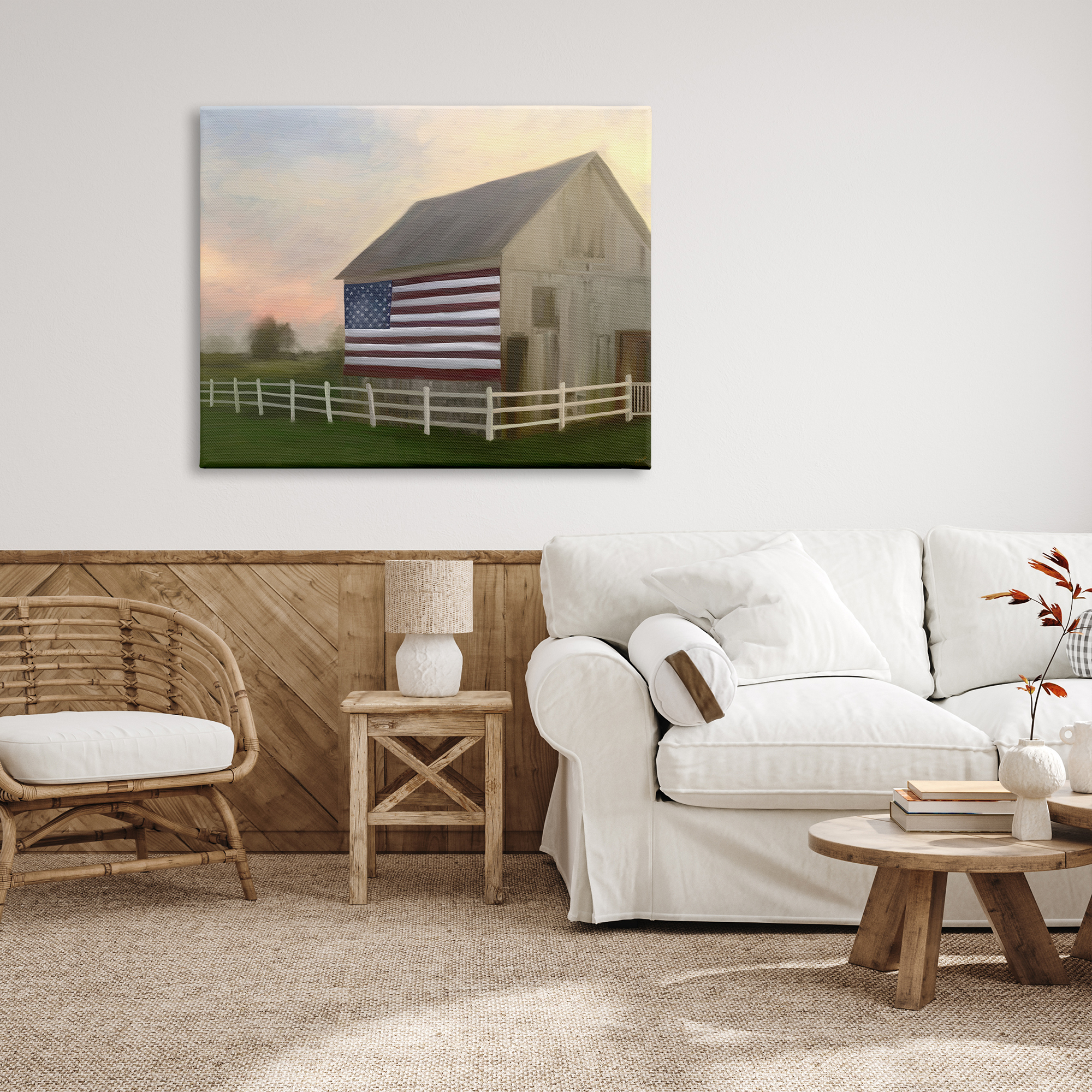 Stupell Industries American Flag Rural Barn Sunset Farm Landscape Painting Gallery Wrapped Canvas Print Wall Art, Design by Amy Hall