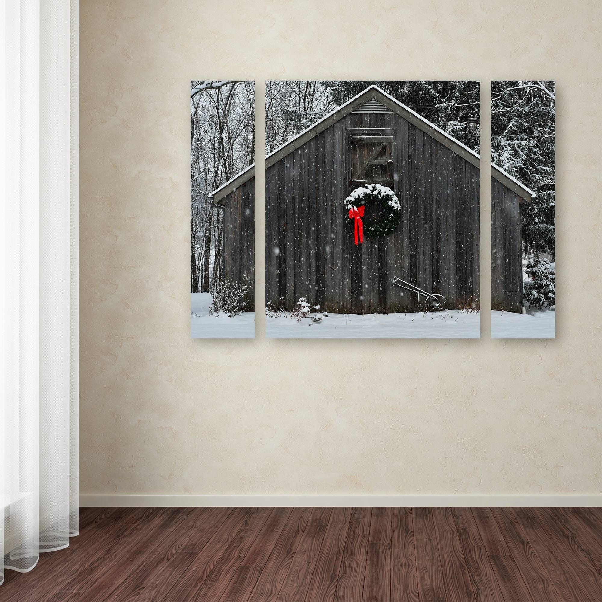 Trademark Fine Art "Christmas Barn in the Snow" Canvas Art by Kurt Shaffer Three Panel Set