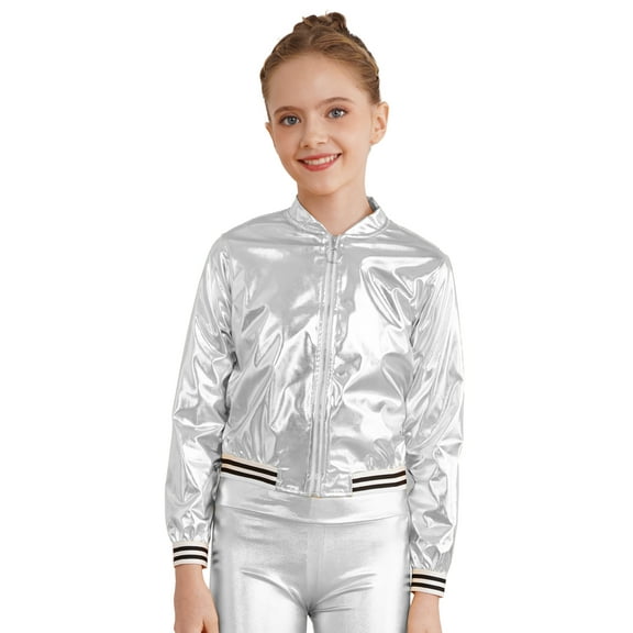 renvena Kids Girls Shiny Baseball Jacket Long Sleeve Sparkle Metallic Zipper Bomber Jacket Coat Outerwear Size 6-16 Silver 16