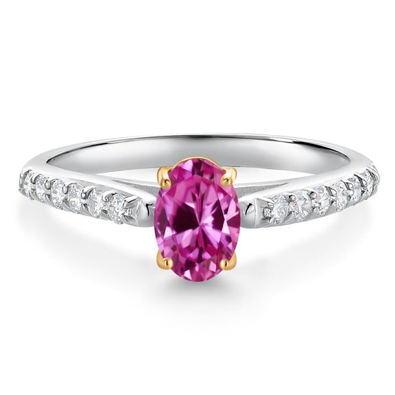 Gem Stone King 10K White and Yellow Gold Pink Created Sapphire and White Lab Grown Diamond Engagement Ring for Women (1.08 Cttw, Oval 7X5MM, Gemstone September Birthstone, Size 9)