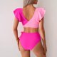thumbnail image 5 of Conjunto de Trajes de Baño de Color Sólido de las Mujeres, una Pieza Conservadora con Bloqueo de Color, Ruffle Y División Lateral para la Playa Y la Piscina, Desgaste de Verano Modesto, 5 of 9