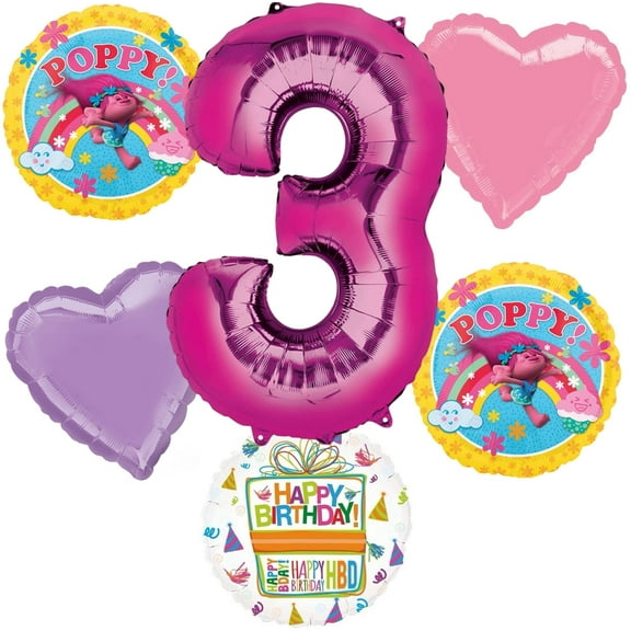 Trolls Poppy 3rd Birthday Party Supplies Balloon Bouquet Decorations 6pc