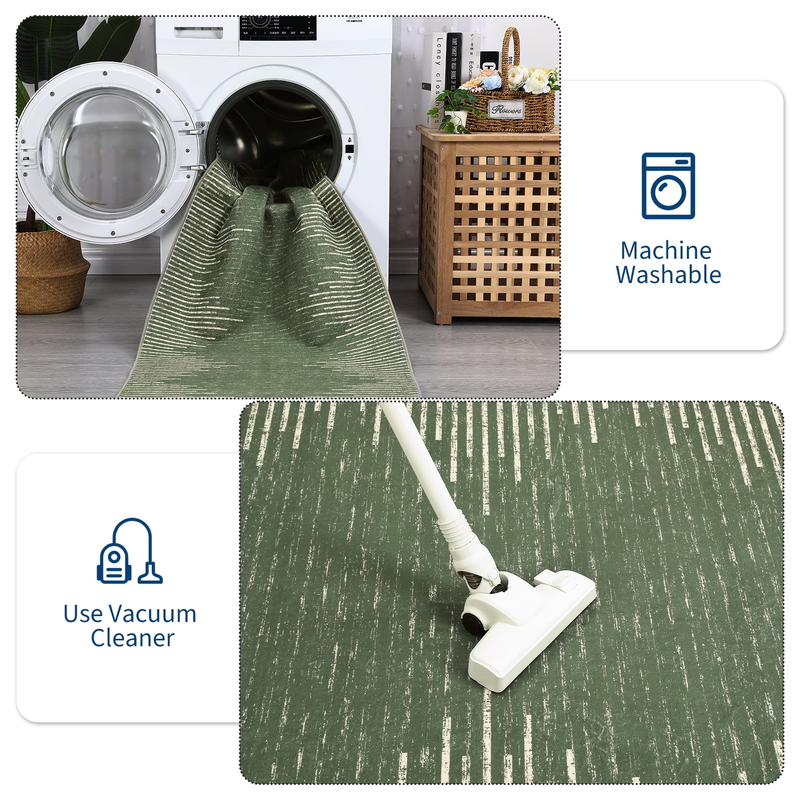 GlowSol 10' x 13' Large Washable Rug Geometric Striped Area Rug Soft Non Slip Low Pile Stain Resistant Carpet for Living Room Bedroom, Green