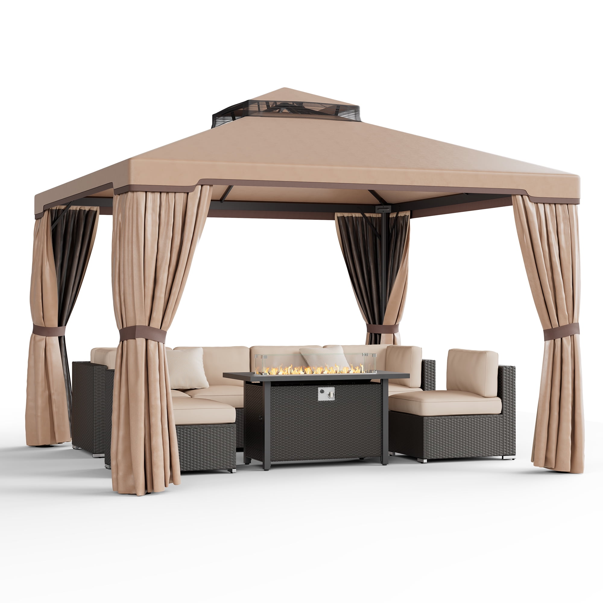 SUNCROWN 10 x 10 FT Outdoor Gazebo for Patio Iron Frame Garden Permanent Gazebo with Vented Soft Canopy and Mosquito Netting, Khaki