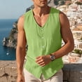 thumbnail image 5 of VSSSJ Men's Linen Lightweight Vest Cotton Linen Casual Sleeveless Waistcoat Button Down Summer Loose Fit Vacation Beach Shirts Tops Green L, 5 of 6