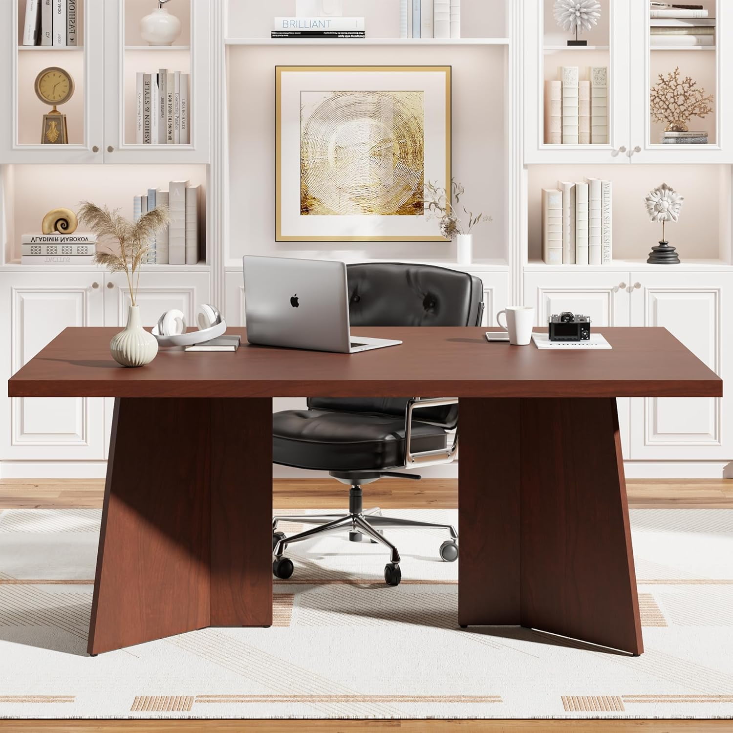 Dining Table for 6-8 People - 63" Modern Long Kitchen Table with Large Tabletop & Heavy Duty Pedestal Legs, Dinner Table for Kitchen, Conference Room, Home, Walnut