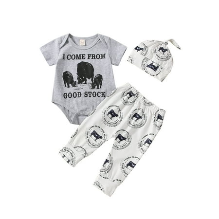 

Thaisu Toddler Baby Boys Summer Clothes Set Cow Letters Print Short Sleeve Shirt Rompers Long Pants + Hat