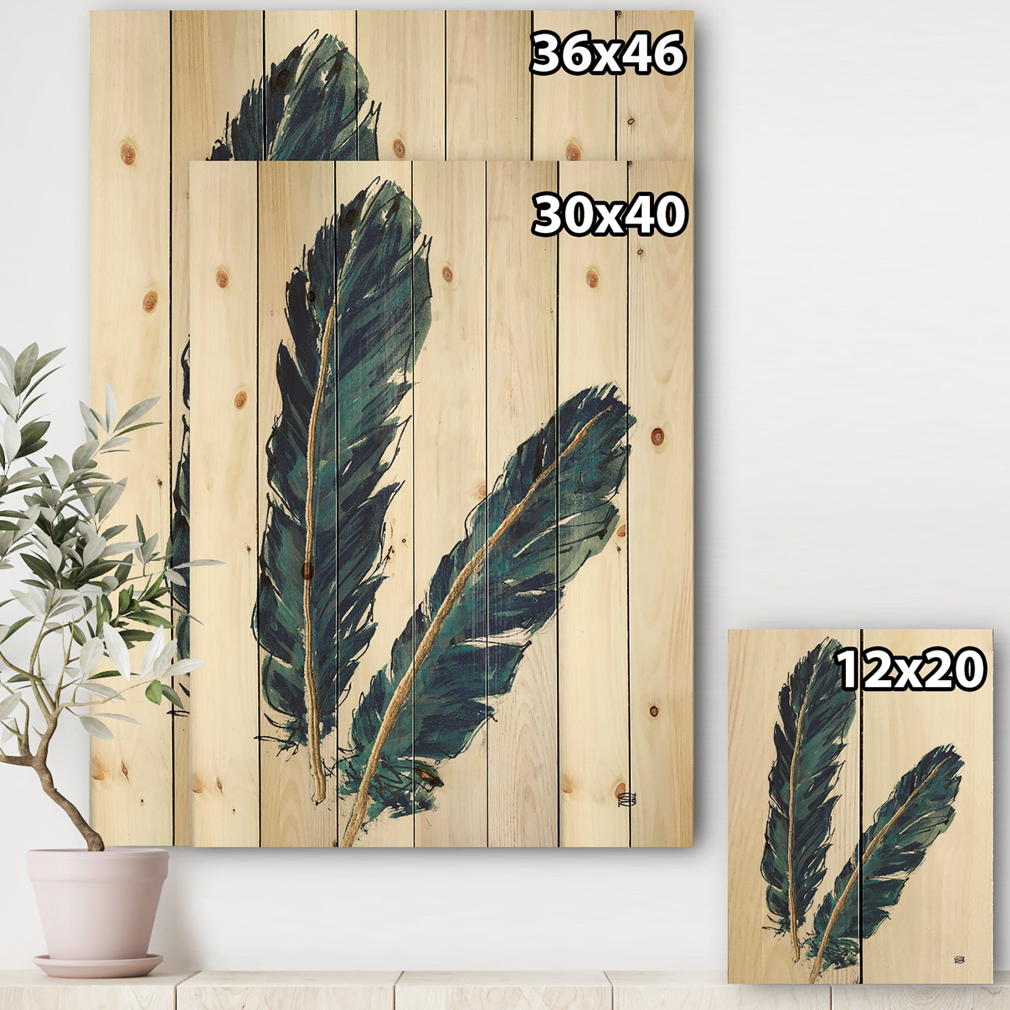 Designart 'Gold Indigo Feathers IV' Modern Bohemian Print on Natural Pine Wood