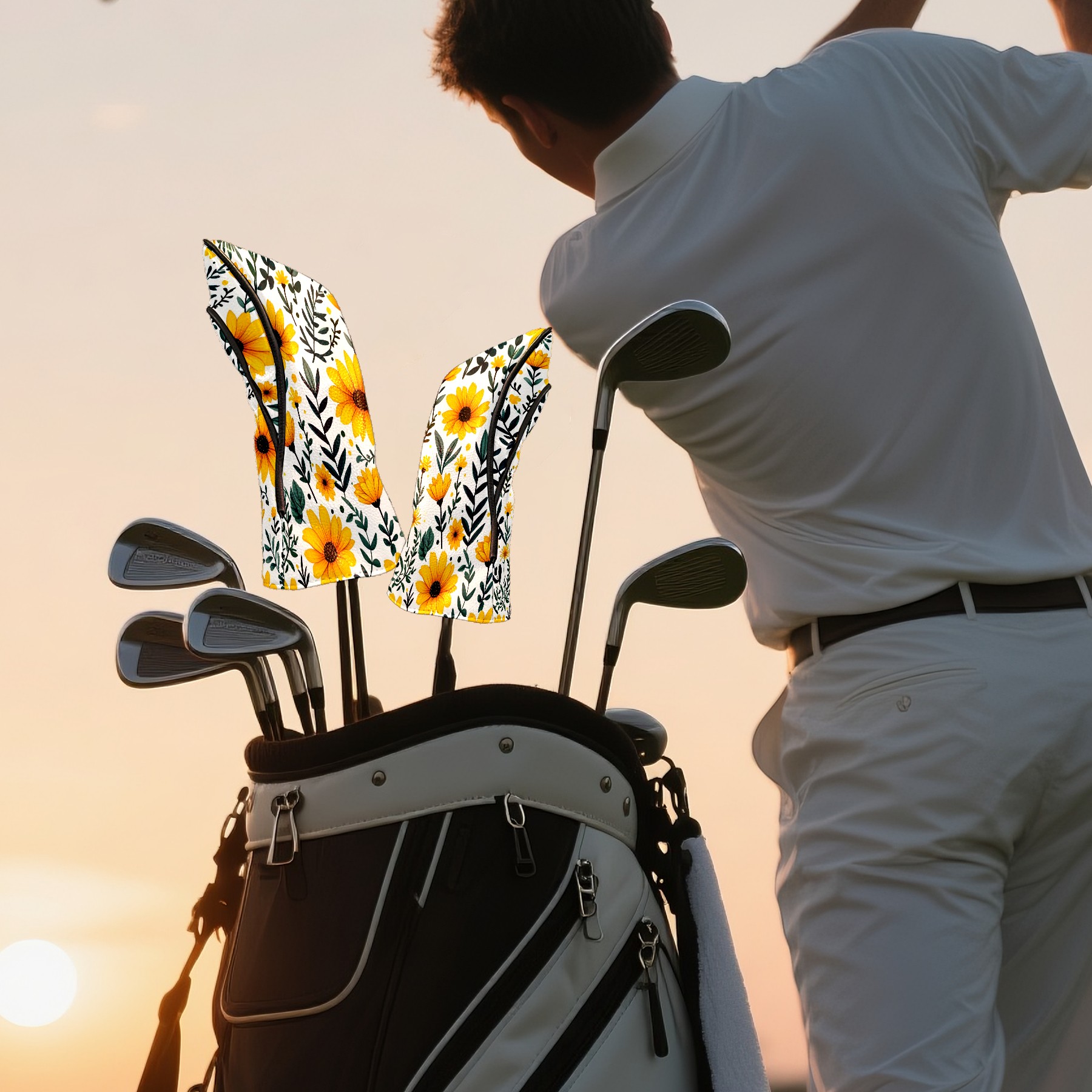 Golf Club Covers, Watercolor Yellow Flowers Premium PU Leather Driver Hybrid Putter Head Covers with Velvet Lining, Waterproof Golf Gifts for Men Women