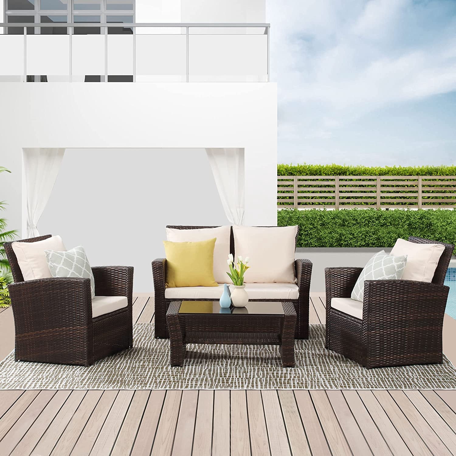 RoyalCraft 4 Piece Outdoor Patio Furniture Sets, Wicker Conversation Set for Porch Deck, Brown Rattan Sofa Chair with Cushion