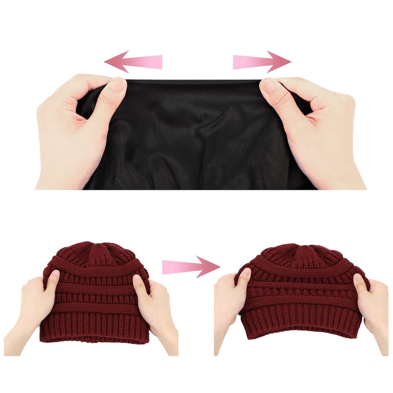 Satin Lined Winter Beanies 3-Pack, Warm Cable Knit Skull Caps 3 Pack Women Winter Hat Chunky Warm Hat for Woman Satin  main image 4