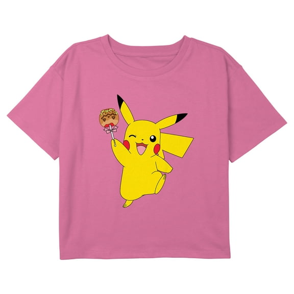 Girl's Pokemon Halloween Pikachu Jack-o'-Lantern Lollipop Graphic Cropped T-Shirt Light Pink Large