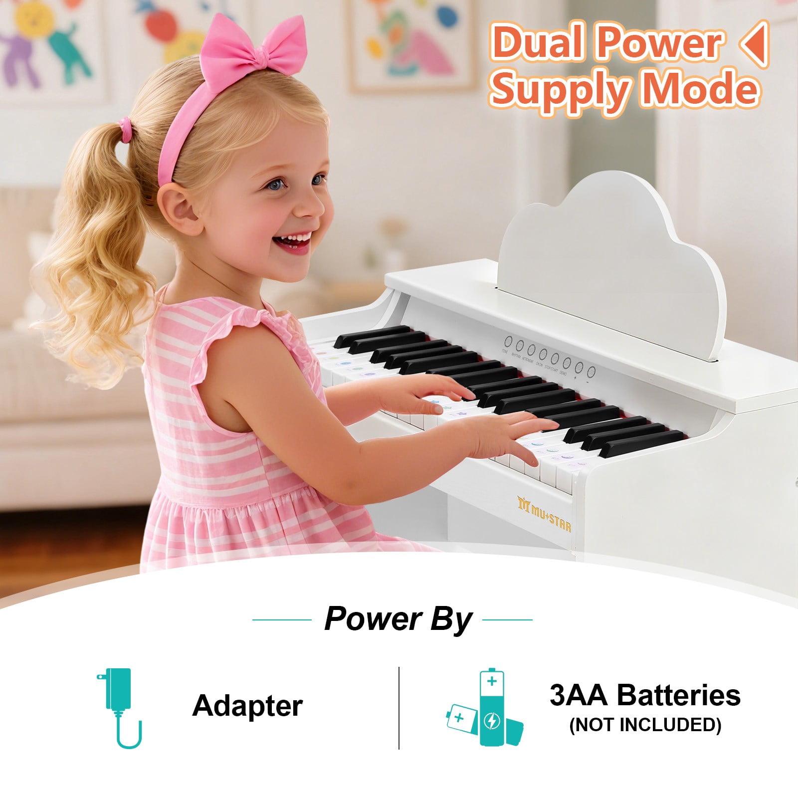 Mustar 37 Keys Kids Wooden Electronic Digital Piano Keyboard Music Education with Stool, Songbook, DIY Stickers (White)