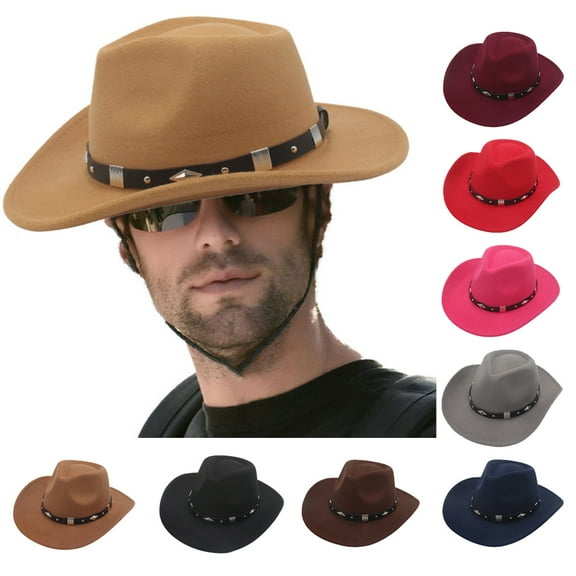 D-GROEE Women Men Felt Wide Brim Western Cowboy Hats Belt Buckle Panama Hat owboy Dress Up Hats for Party