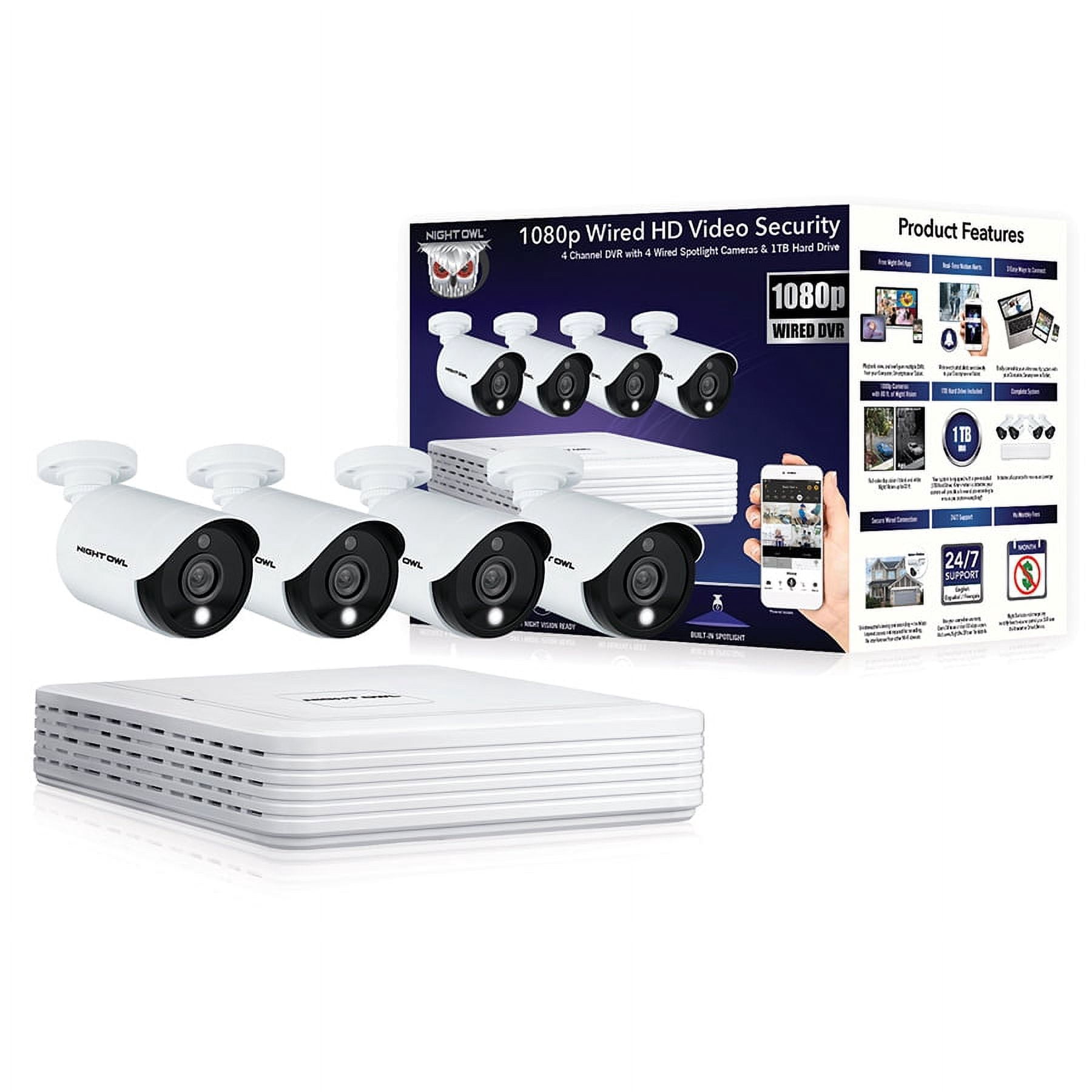 Night Owl Surveillance Cameras 1TB Hard Drive 1080p HD Wired Spotlight, Black, White