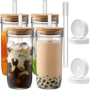 **glass cups with lids and straws,24 oz smoothie cup with lid and straw-boba mason jar,wide mouth reusable drinking glasses,iced coffee cups glass,vasos de vidrio【4 pack】
