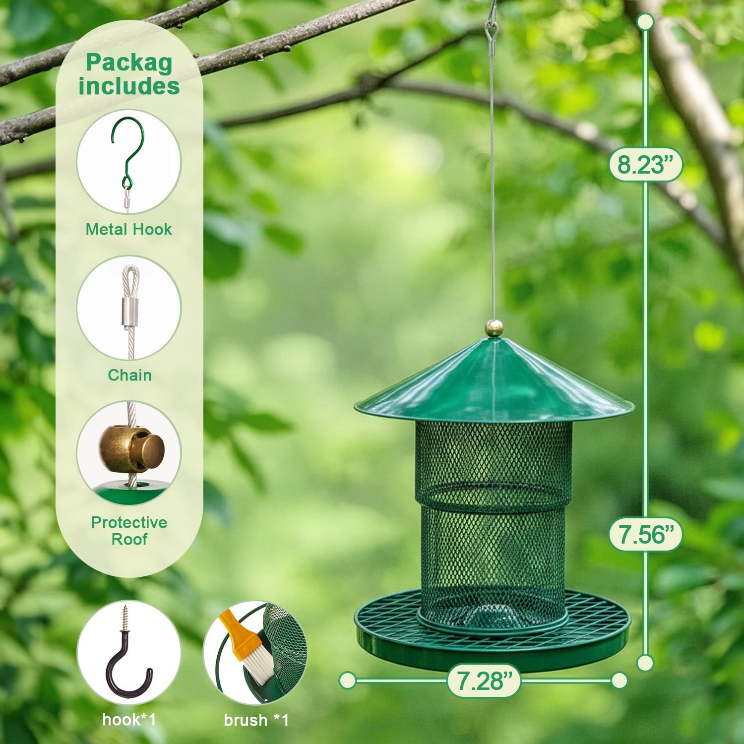 Anpro Metal Bird Feeder for Outside Hanging, Retractable Squirrel Proof 5lb Capacity Bird Feeders, for Outdoors Hanging Garden Yard, Green