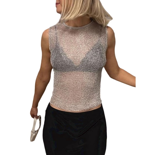 Faithtur Débardeur Court d'Été pour Femmes Couleur Unie Sans Manches Col Rond Crop Top Transparent