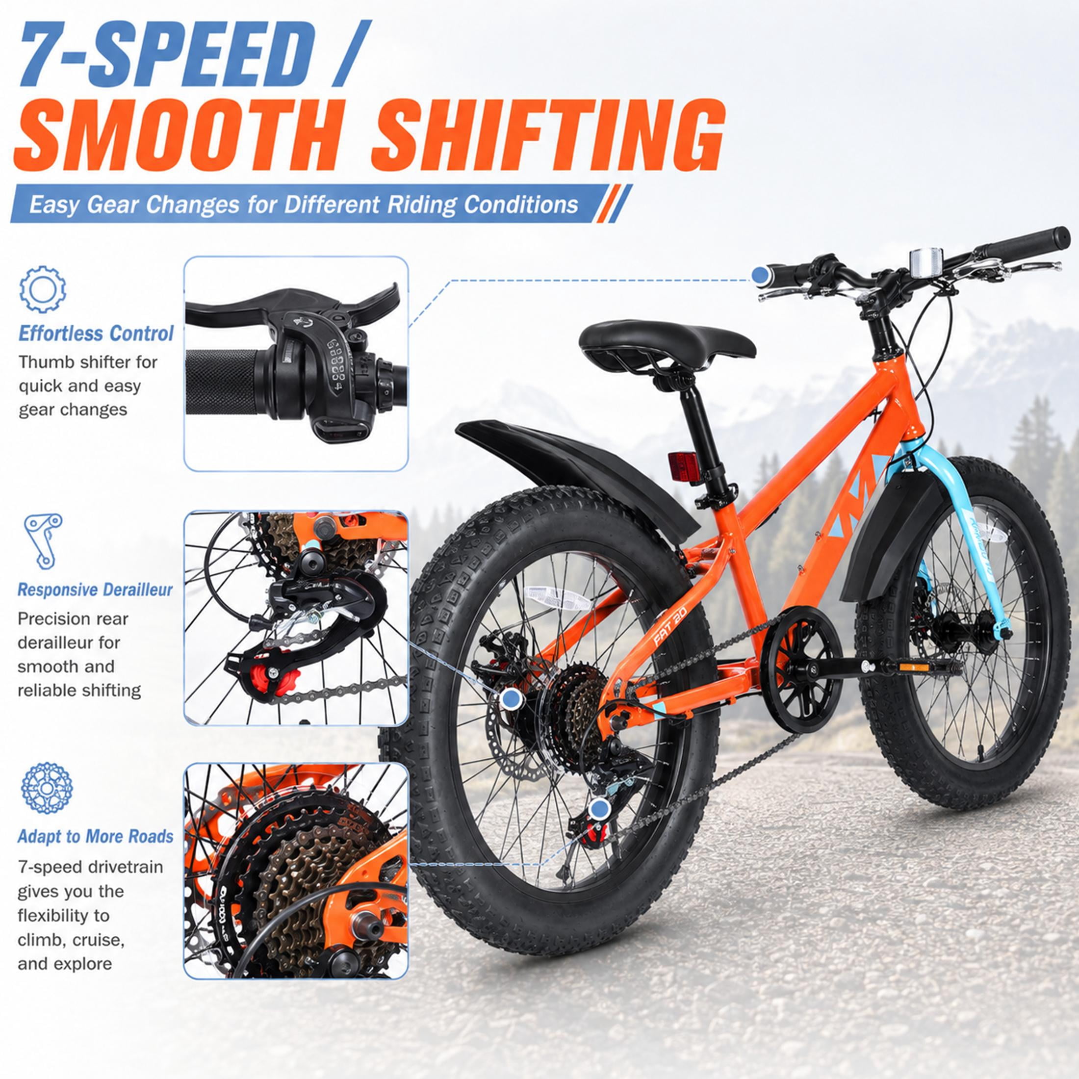 20 Inch Kids Mountain Bike with 3.0 Fat Tires, 7-Speed Drivetrain and Dual Disc Brakes, High-Carbon Steel Frame Children’s Bicycle for Boys and Girls Ages 5-12, Orange
