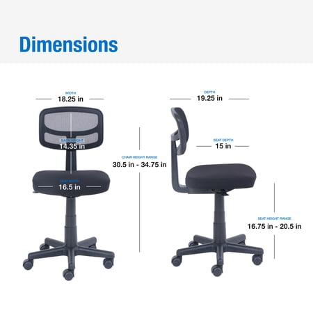 MAINSTAYS MESH TASK CHAIR WITH PLUSH PADDED SEAT, TEENS AND ADULT, BLACK/BLACK