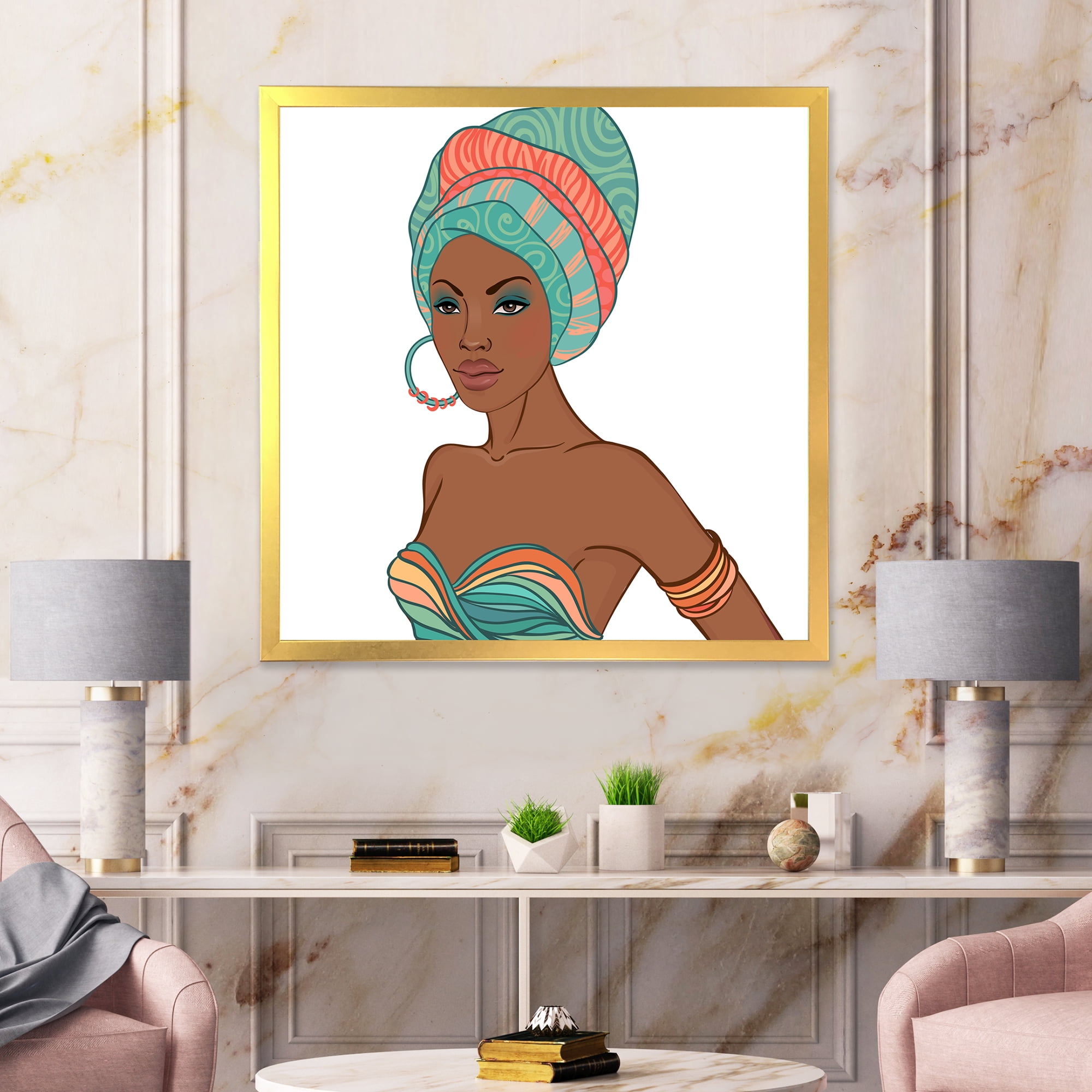 African American Woman With Turban and Earring 16 in x 16 in Framed Painting Canvas Art Print, by Designart