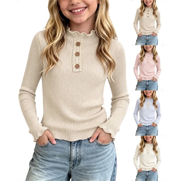 Sakuulaan Girls Long Sleeve Tops,Ribbed Knit Ruffle Neck Lace Button Fall Winter School Casual Shirt