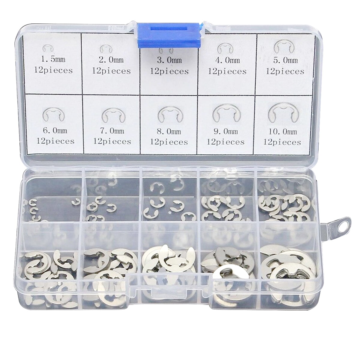 120Pcs 1.5mm-10mm Stainless Steel E-Clip Assortment Retaining Snap Ring Circlip Kit for Shaft Groove of Industrial Machine E-Clips Set 