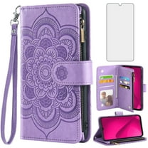 Compatible with T-Mobile Revvl 7 5G Wallet Phone Case and Tempered Glass Screen Protector Flower Faux Leather Flip Credit Card Holder Stand Zipper Cell Cover for T Mobile Revel7 Women Purple