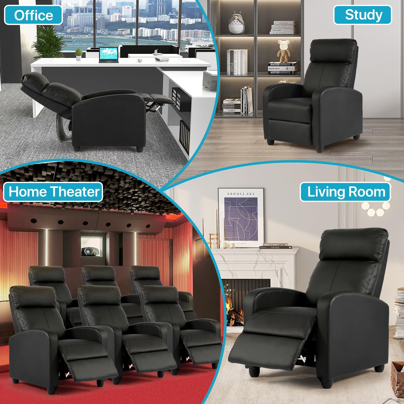 NiamVelo Recliner Chair for Adults, PU Leather Recliner Sofa with Lumbar Support, Adjustable Modern Reclining Chair with Padded Seat Backrest for Home, Living Room, Theater （Black）