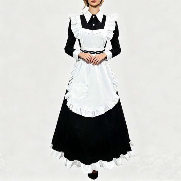 Xijirk Womens Victorian Maid Collared Long Puff Sleeve Ruffle Maxi Dress with Ruffled Apron for Halloween Cosplay Party Role Play,Black,XL