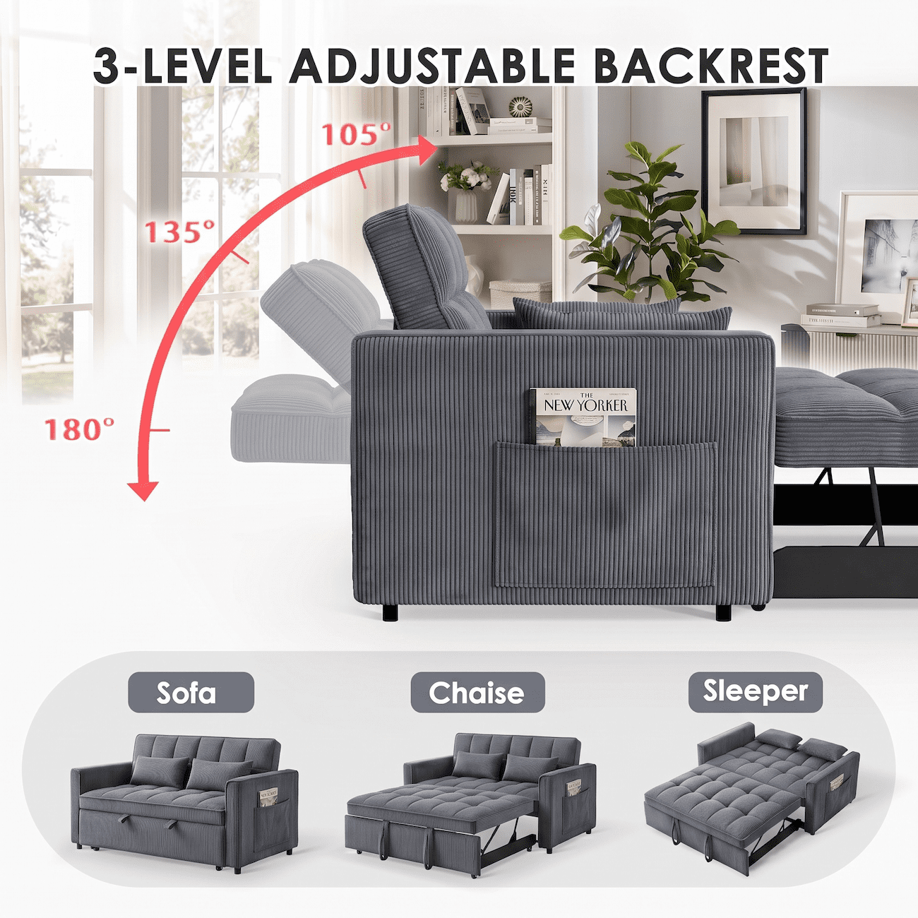 Xiweot 54" Sleeper Sofa Bed, Convertible Pull Out Couch for Living Room Apartment, Velvet Futon Loveseat Sofa Bed with Adjustable Backrest, Side Pockets, 2 Pillows, Easy Assembly (Dark Gray)