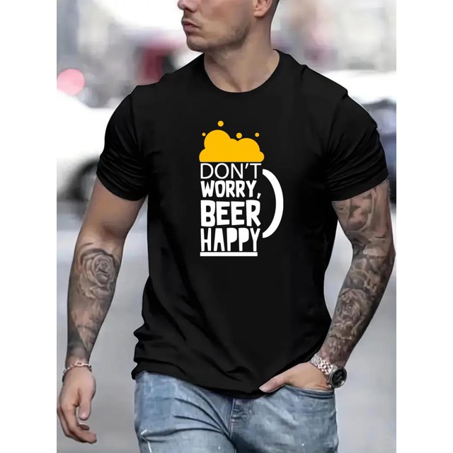DON'T WORRY BEER HAPPY Print, Men's Casual Comfy Crew Neck Short Sleeve T-shirt, Men's Trendy Clothes Outdoor, Men's Breathable Tops For Summer Tee For Adult, Men, Women, Teen, Teenager, Adolescent,