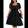 thumbnail image 2 of Vestido Elegante de Talla Grande con Lunares Retro, Cuello Cuadrado y Lazo en la Cintura para Mujer Negro XXXL, 2 of 9