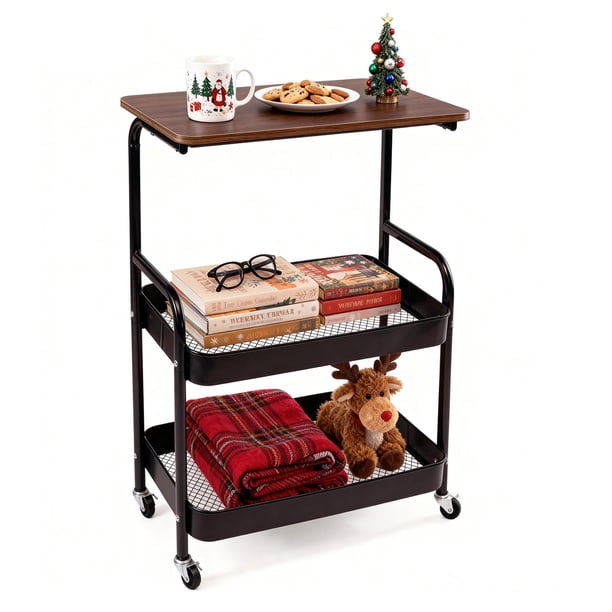 Carrito Rodante Gmrithaf de 3 Niveles con Ruedas y Tapa de Madera Negra
