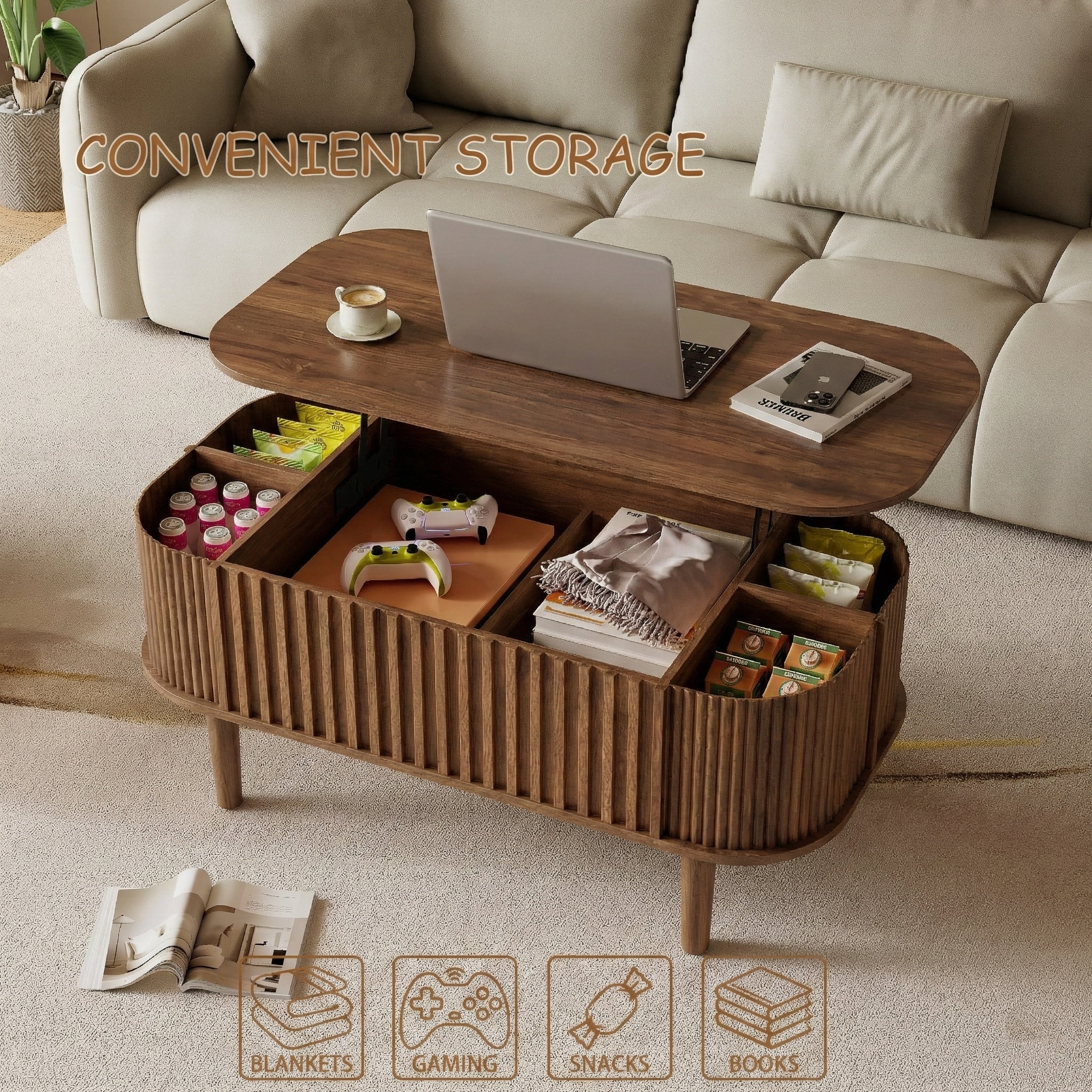40" Lift Top Coffee Table with Storage, Faux Marble Tabletop & Solid Rubber Wood Legs, Mid-Century Modern Lift-Up Coffee Table for Living Room Walnut