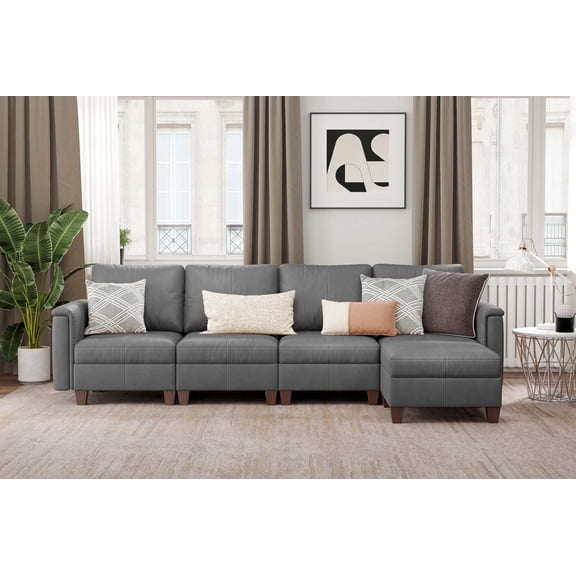 SITJOY 118" Faux Leather Modular Sectional Couches with Storage, Convertible 5 Seat L-Shaped Sectional Sofa with Ottoman for Living Room, Gray