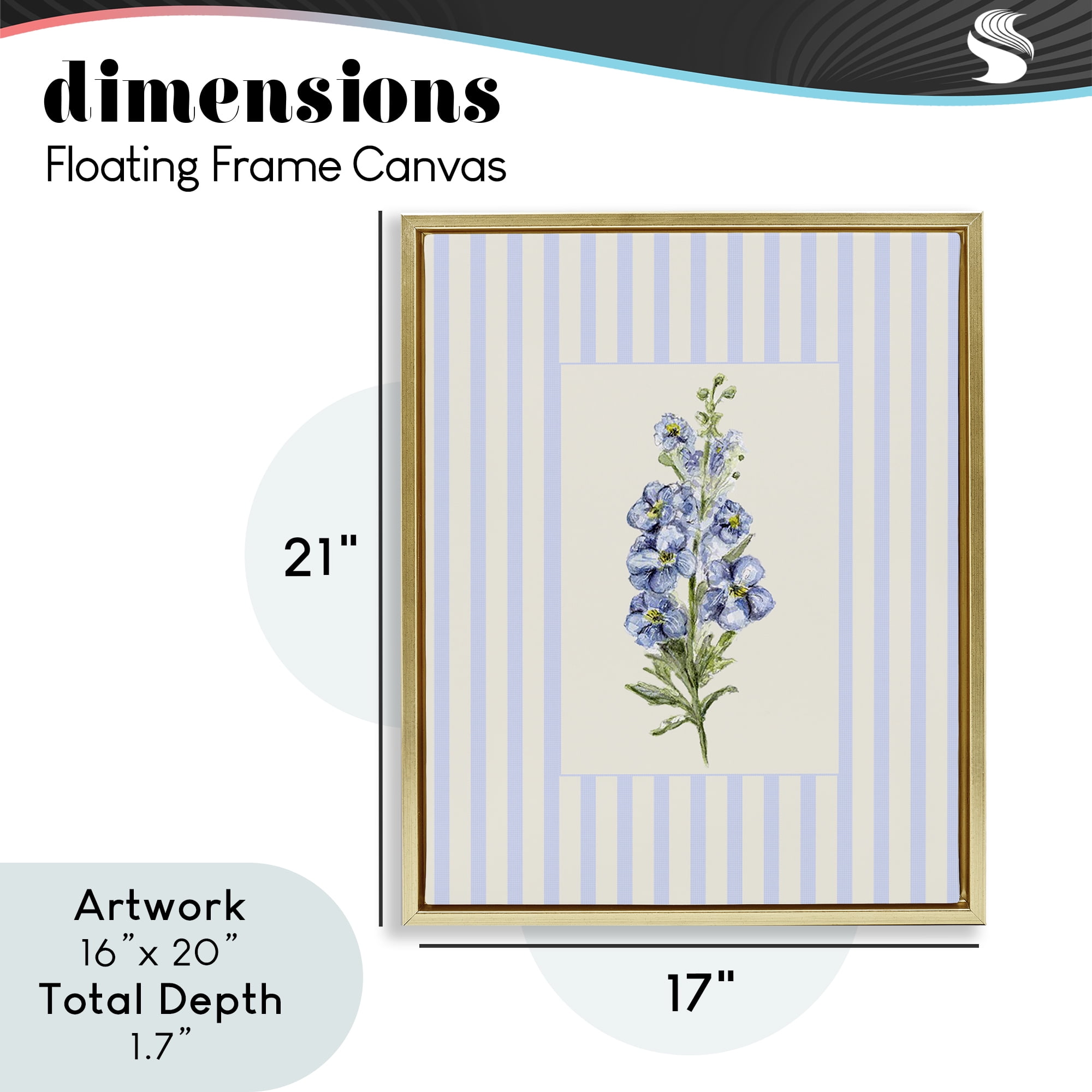 Blue Stripe Larkspur Gold Framed Floater Canvas Wall Art, design by Lisa Wehmeyer