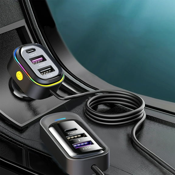 66W Multi Functional Car Charger, Fast Charging 6 Port USB and Type C Adapter with LED Ambient Light, Intelligent Power Management Rear Seat Extension for Phones Tablets and Devices