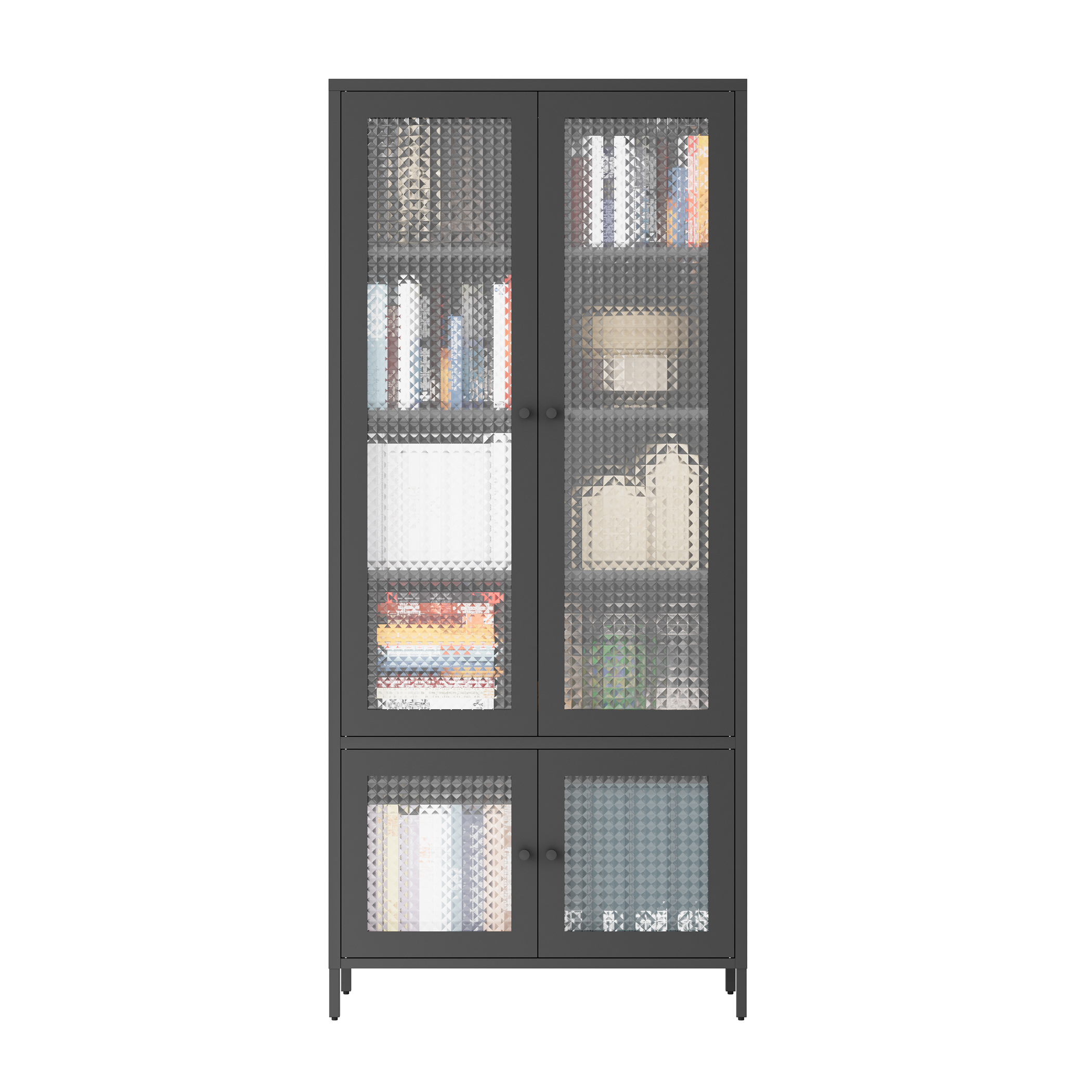 Large Metal Storage Cabinet Display Cabinet with 4 Glass Doors 5 Shelves Side Cabinet Bookcase Freestanding Cabinet for Bedroom Living Room Pantry Home Office - Black, Waffle