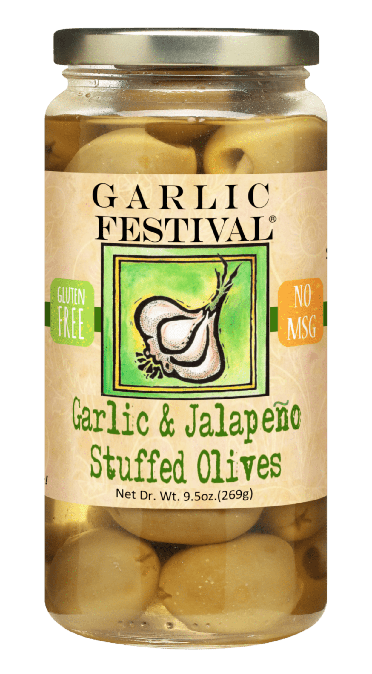 Garlic Festival Garlic & Jalapeno Stuffed Olives Net Dr. Wt. 9.5 oz.