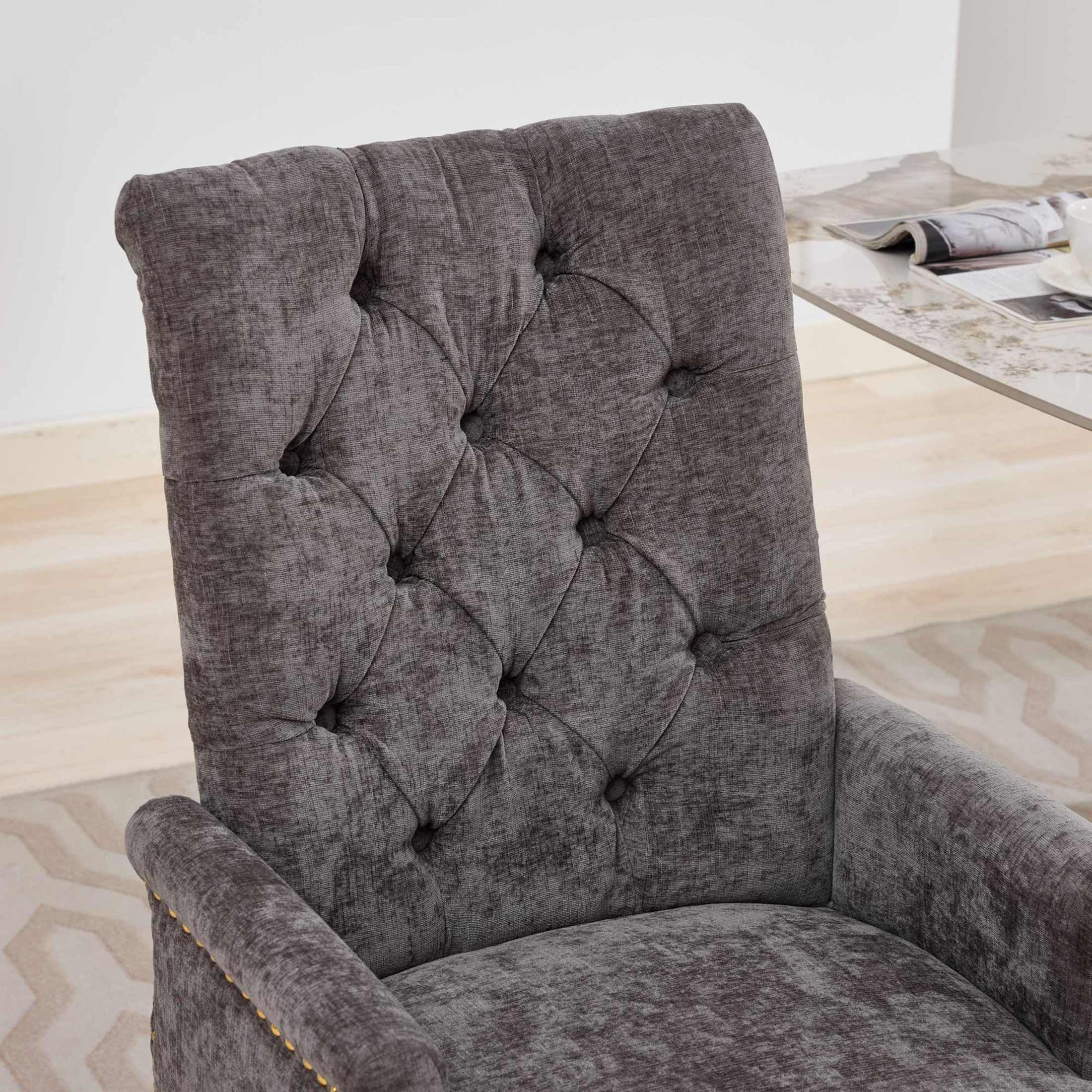 GDF Studio Upholstered Dining Chair with Button-Tufted Back, Nailhead Trim, Stainless Steel Legs, Gray