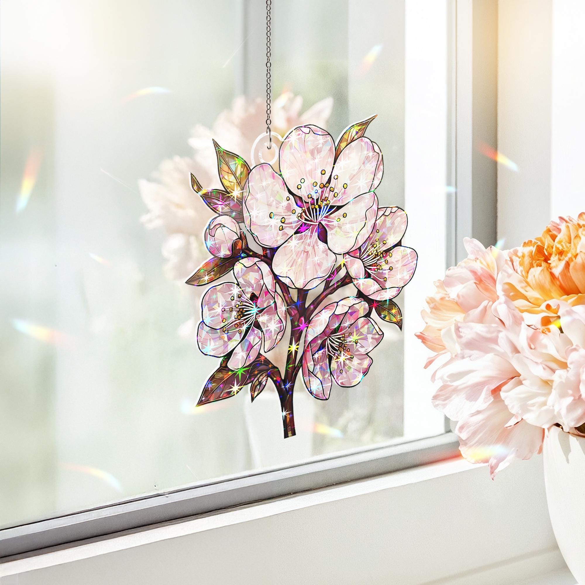 Acrylic 2D Flat Cherry Blossom Window Hanging, Broken Glass Hologram Suncatcher, Floral Sakura Light Catcher, Spring Japanese Gift Decor 4320375543