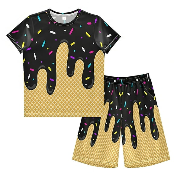 oqasdz Girls Boys Summer Outfits Ice Cream Print Short Sleeve T Shirt And Shorts 2PCS Set Comfortable Casual For Toddler Kids Size 3 Y-4 Y