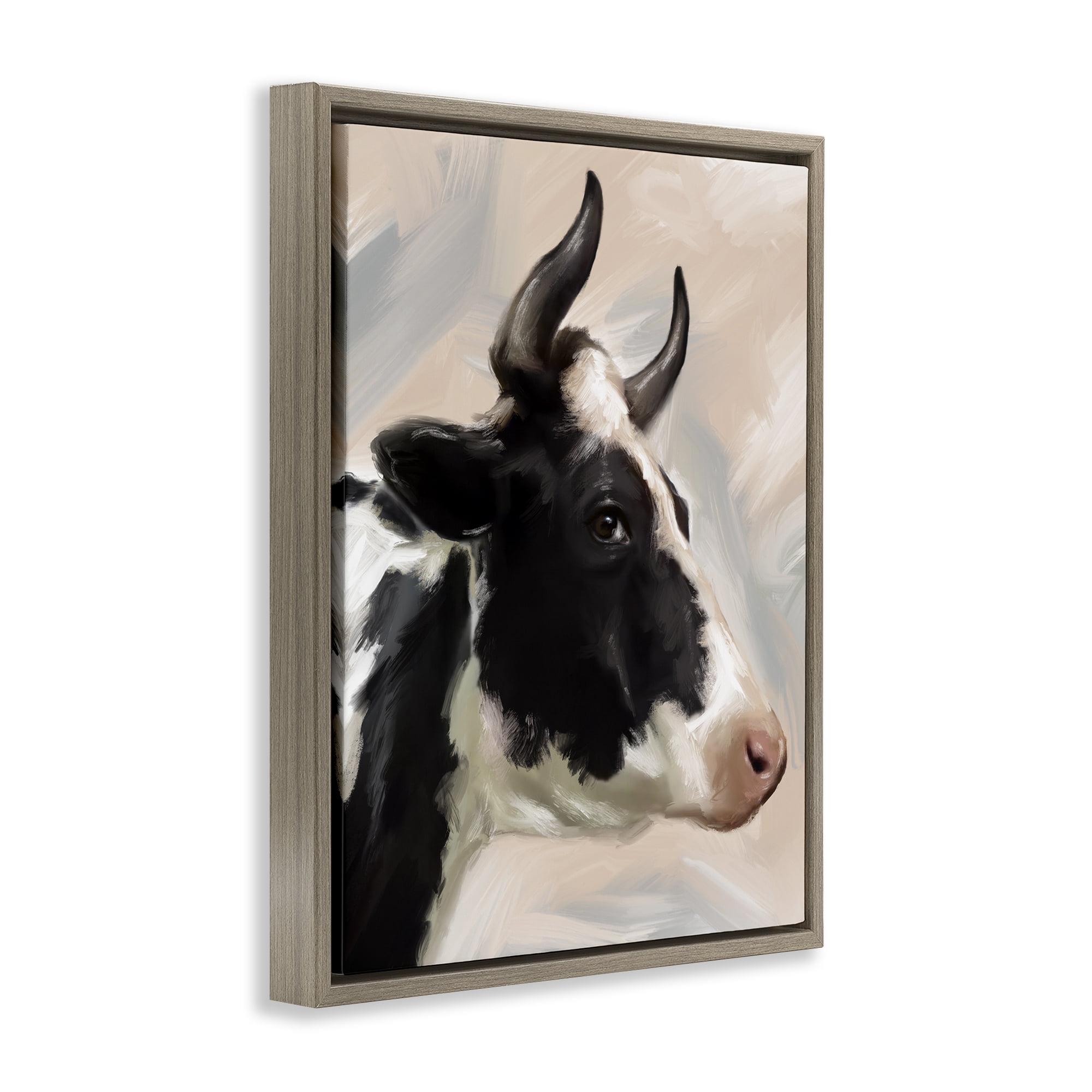 Stupell Industries Farm Cow with Horns Animals Painting Brown Floater Framed Canvas Art Print Wall Art, 25 x 31