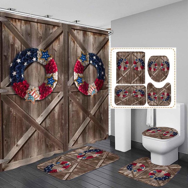 Juego de 4 cortinas de ducha con diseño de puerta de granero de estilo rústico, impermeables, de tela, antideslizantes, para baño, con diseño de plantas verdes, estilo vintage, gris, para puerta de
