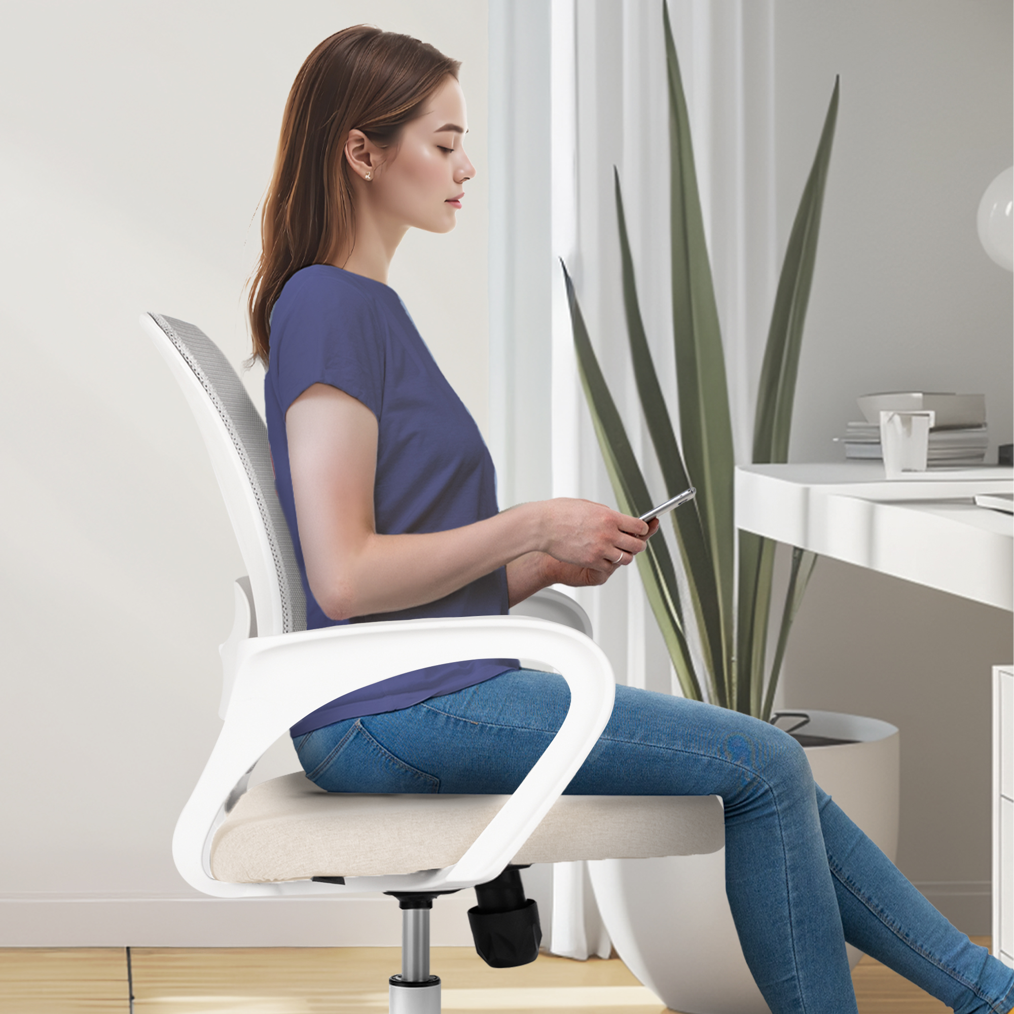 CELTOSS Ergonomic Home Office Chair, Mid Back Lumbar Support Desk Chair, Adjustable Height with Armrests for Adults, Ivory