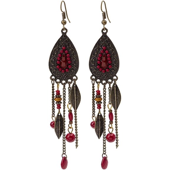 Bohemian Leaves Rice Beads Tassel Drop Earrings.Vintage Long Chain Tassel Dangle Earrings Indian Style Jewelry Gifts for Women